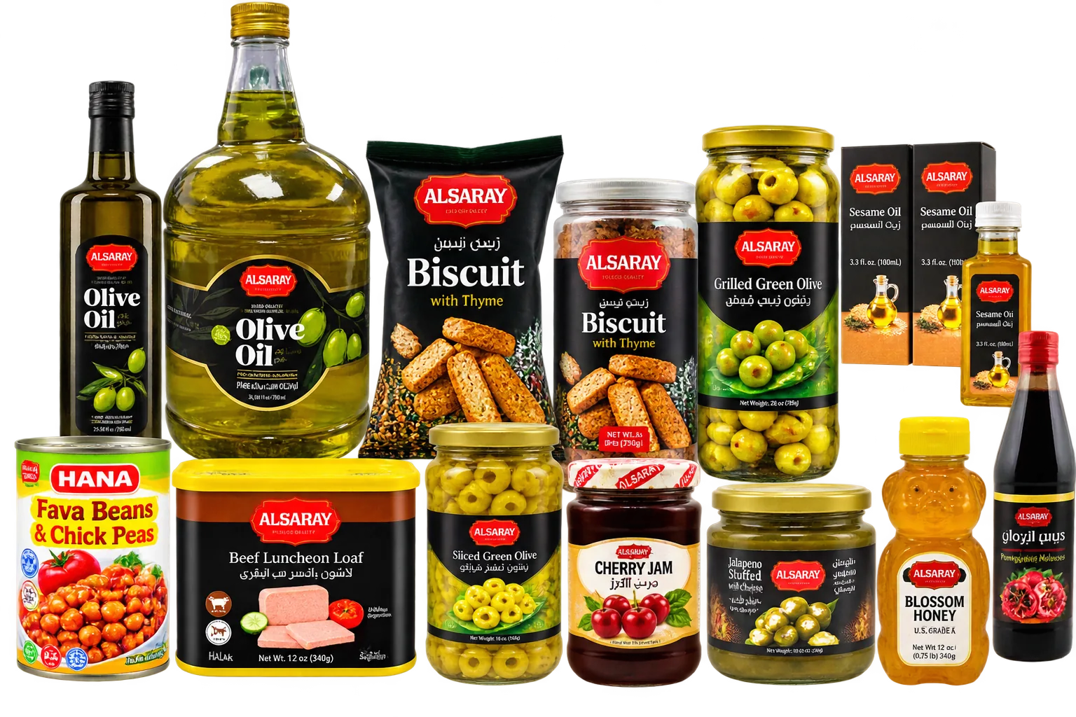 A selection of Alsaray olive oil, biscuits, olives, tahini and pantry products